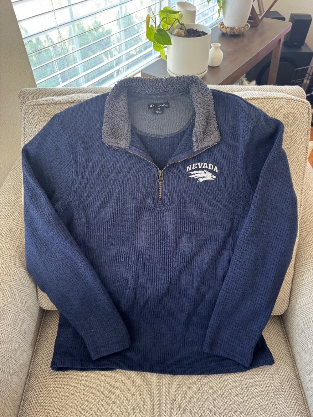 Champion Elite Navy Quarter Zip Pullover UNR University Nevada Wolf Pack Sherpa